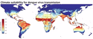 As global temperatures rise, regions are becoming more suitable for mosquitoes to transmit dengue virus. The map shows a suitability scale, with red areas already suitable for dengue transmissions and yellow areas becoming more suitable. (Taishi Nakase, et al., 2022, CC BY)