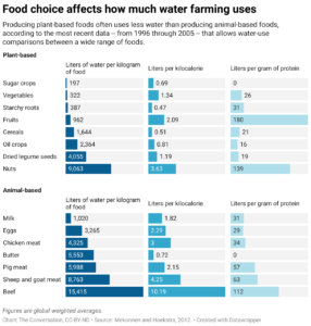 Food choice affects how much water farming uses (Chart: The Conversation, CC-BY-ND; Source: Mekonnen and Hoekstra, 2012)