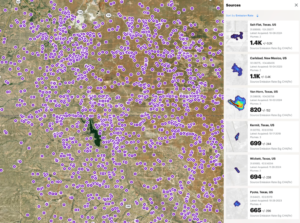 The Permian Basin in west Texas and southeastern New Mexico. Every dot is a methane source. Explore this scene in Carbon Mapper. (Yale Climate Connections)