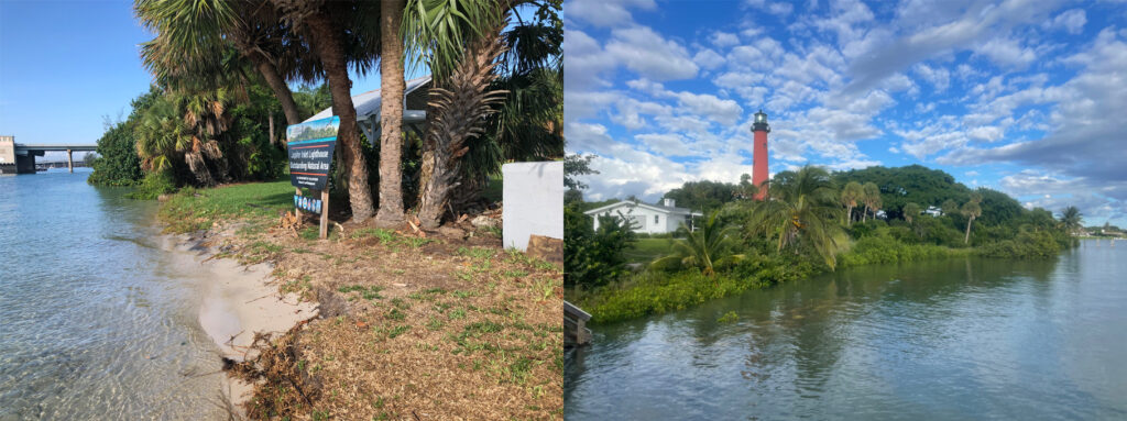 The shoreline of the Jupiter Inlet Lighthouse site in 2019 (left) and the site in 2024, showing the erosion of the area where a sign had been located. (Photo courtesy of Sara Ayers-Rigsby)