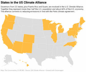States in the US Climate Alliance (Map: The Conversation, CC-BY-ND; Source: US Climate Alliance)