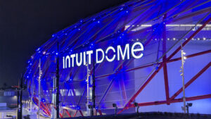 The exterior of the Intuit Dome in Los Angeles (Haruhi8, CC BY 4.0, via Wikimedia Commons)