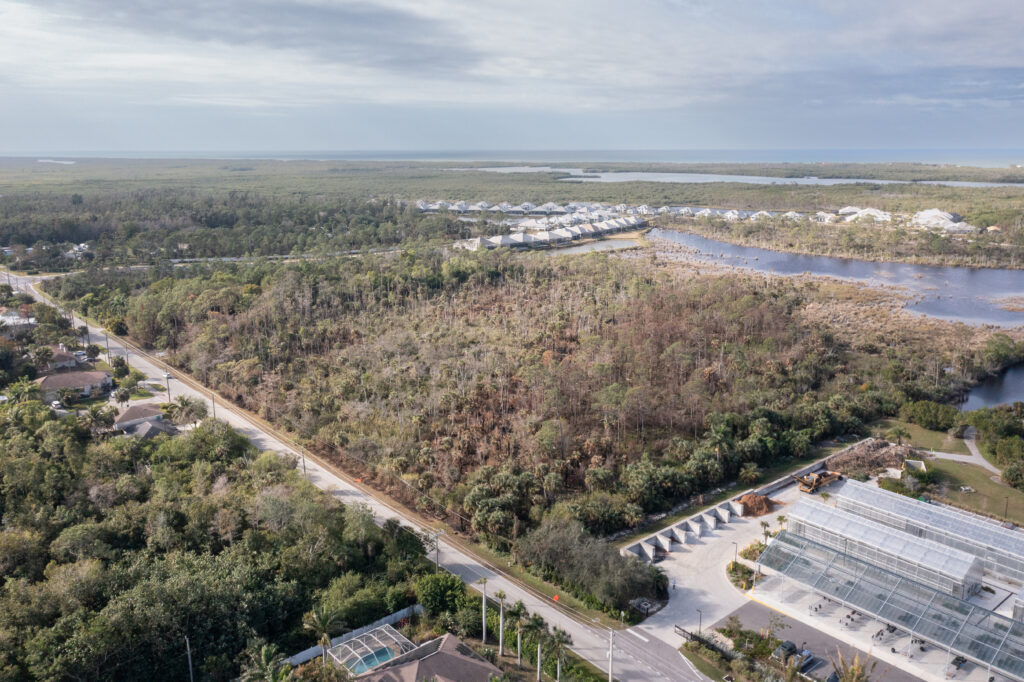 The parcel of land recently burned sits along Bayshore Drive surrounded by resident homes, the Evenstad Horticulture Campus, and wetland. (John Eder/Naples Botanical Garden)