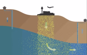  A conceptual illustration shows how PFAS can enter the soil and eventually reach groundwater, which flows downhill. Industries and airports are common sources of PFAS. The homes show upstream (left) and downstream (right) wells. (Melina Lew)