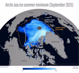Arctic sea ice concentration in September 2025, during its annual minimum extent at the end of summer, was much smaller than the 1979-2004 median extent. The shades of blue reflect the concentration of sea ice. (NOAA and CIRES/University of Colorado Boulder)