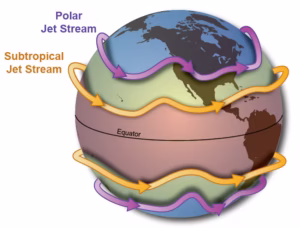 The polar and subtropical jet streams in positions similar to much of summer 2025. (NOAA)