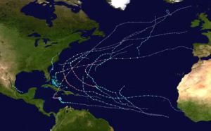 The 2025 Atlantic hurricane season’s storm tracks show how most of the storms steered clear of the U.S. mainland and veered off into the Atlantic. (Sandy14156/Wikimedia Commons)