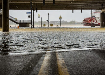 A boat dock and street in Louisville, Ky., were under about four feet of water on April 5 due to flooding on the banks of the Ohio River. (U.S. Air National Guard photo by Dale Greer, via Defense Visual Information Distribution Service)