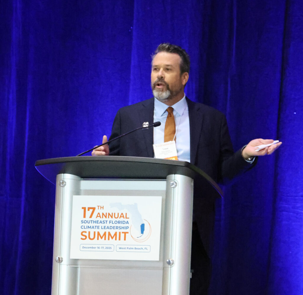 Steve Vollmer, director of Florida Atlantic University's School of Environmental, Coastal, and Ocean Sustainability (ECOS), speaks at the 17th Annual Southeast Florida Climate Leadership Summit. (Kimberly Vardeman photo)