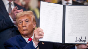 President Donald Trump signs executive actions to support the coal industry at an Unleashing American Energy Executive Order event, Tuesday, April 8, 2025, in the East Room of the White House. (Daniel Torok/The White House, Public domain, via Wikimedia Commons)