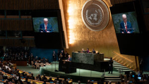 President Donald Trump delivers remarks to the United Nations General Assembly in September, calling climate change “the greatest con job ever perpetrated on the world.” (The White House, Public domain, via Wikimedia Commons)