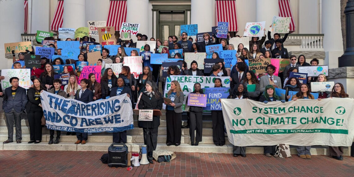 Young climate activists gathered for “Earth Advocacy Day” in front of the Capitol in Tallahassee on Jan. 29, 2026. (Photo by Mitch Perry/Florida Phoenix)