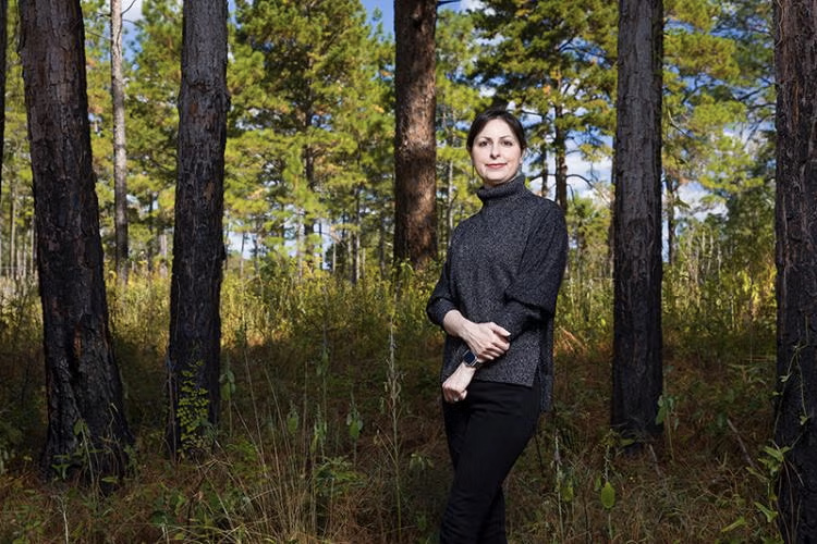 Neda Yaghoobian, associate professor of Mechanical Engineering at the FAMU-FSU College of Engineering, poses amongst the pine trees at Tall Timbers in Tallahassee. Yaghoobian and her research team received a National Science Foundation Fire Science Innovations through Research and Education (FIRE) grant for the project Advancing Wildland Fire Modeling by Capturing Unresolved Canopy Dynamics. (Scott Holstein/FAMU-FSU College of Engineering)