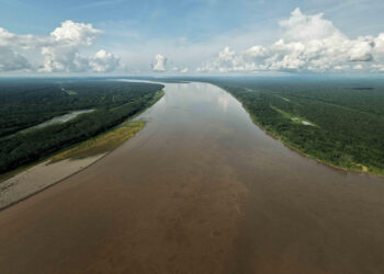 The area where the Ucayali and Marañón rivers meet to form the Amazon. (Drone shot by Samuel Saum)