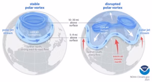 The polar vortex is a strong band of winds in the stratosphere, normally ringing the North Pole. When it weakens, it can split. The polar jet stream can mirror this upheaval, becoming weaker or wavy. At the surface, cold air is pushed southward in some locations. (NOAA)