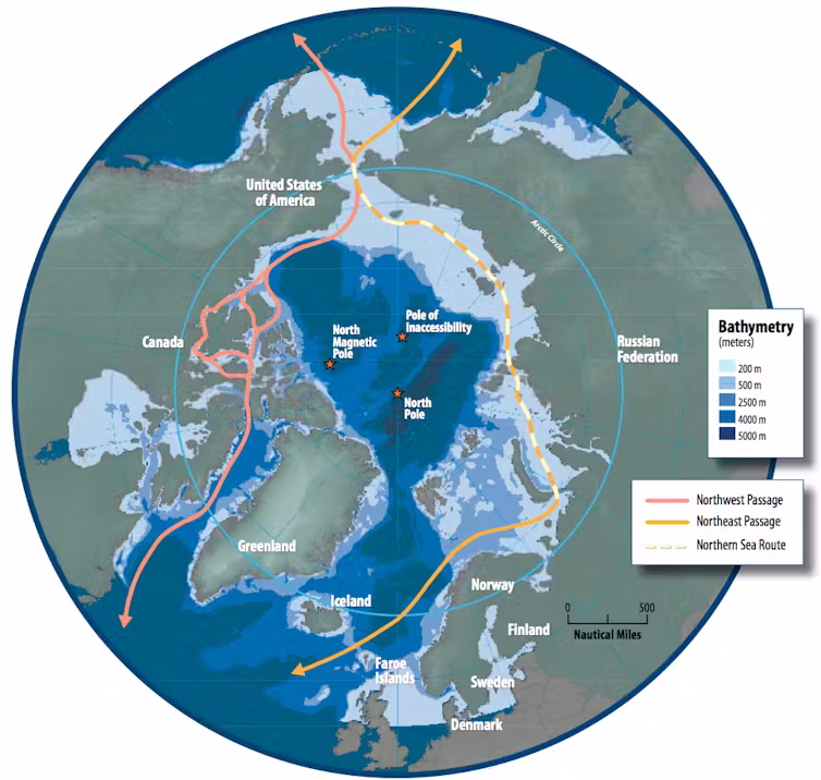 Declining sea ice is opening two shipping routes to greater use: the Northern Sea Route, off the Russian coast, and the Northwest Passage, along Alaska’s coast and through the Canadian islands. (Susie Harder/Arctic Council)