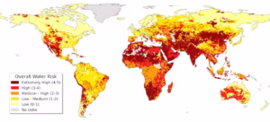 Overall water-risk scores reflect the aggregate value of water quantity, water quality and regulatory and reputational risks to water supplies. Higher values indicate greater water-related risks. (United Nations University Institute for Water, Environment and Health, based on Aqueduct 4.0, CC BY)