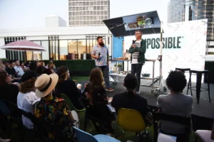Impossible Foods founder Pat Brown speaks at an event in 2019. While companies like Impossible Foods and Beyond Meat experienced double-digit growth during the pandemic, demand for meat alternatives has been falling dramatically in recent years. (Amanda Edwards/Getty Images)