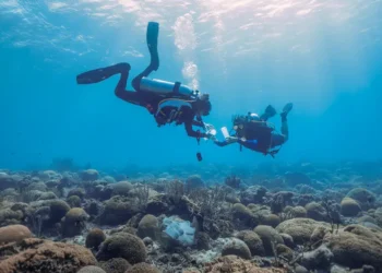 Bailey Wallace, left, and Natascha Varona explore a coral reef site in Curaçao. Wallace will take part in the upcoming Tara Coral expedition to the Indo-Pacific. (Photo courtesy of Bailey Wallace)