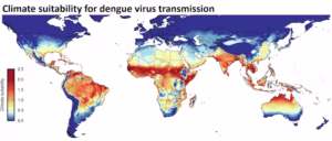 As global temperatures rise, regions are becoming more suitable for mosquitoes to transmit dengue virus. The map shows a suitability scale, with red areas already suitable for dengue transmissions and yellow areas becoming more suitable. (Taishi Nakase, et al., 2022, CC BY)
