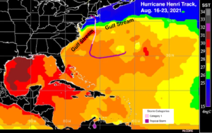 Track of Hurricane Henri of 2021 atop warm sea surface temperatures in the northwest Atlantic. Henri encountered sea surface temperatures of up to 30°C (86°F, red colors) as it traversed the warm waters of the Gulf Stream offshore from North Carolina. When Henri moved north of the Gulf Stream to the waters off New Jersey, sea surface temperatures fell below 25°C (77°F, blue colors), and Henri weakened to a tropical storm. (Image credit: SSEC/CIMMS/UW-Madison)