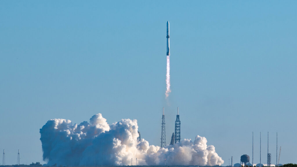 A Blue Origin rocket launches from Cape Canaveral in 2025 (U.S. Space Force photo by Senior Airman Samuel Becker, Public domain, via Wikimedia Commons)