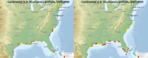 Landfalling continental U.S. hurricanes, 1976-2000 (left) and 2001-2025 (right). Major hurricanes are shown in red, and Category 1 and 2 hurricanes in yellow. For both 25-year periods, two-thirds of all landfalls occurred along the Gulf of Mexico coast. (Note that Hurricane Sandy of 2012 was included, although it technically did not make landfall as a hurricane.) Hurricanes that made multiple landfalls along both the Gulf and Atlantic coasts are included twice. (Background map courtesy of mapswire.com)