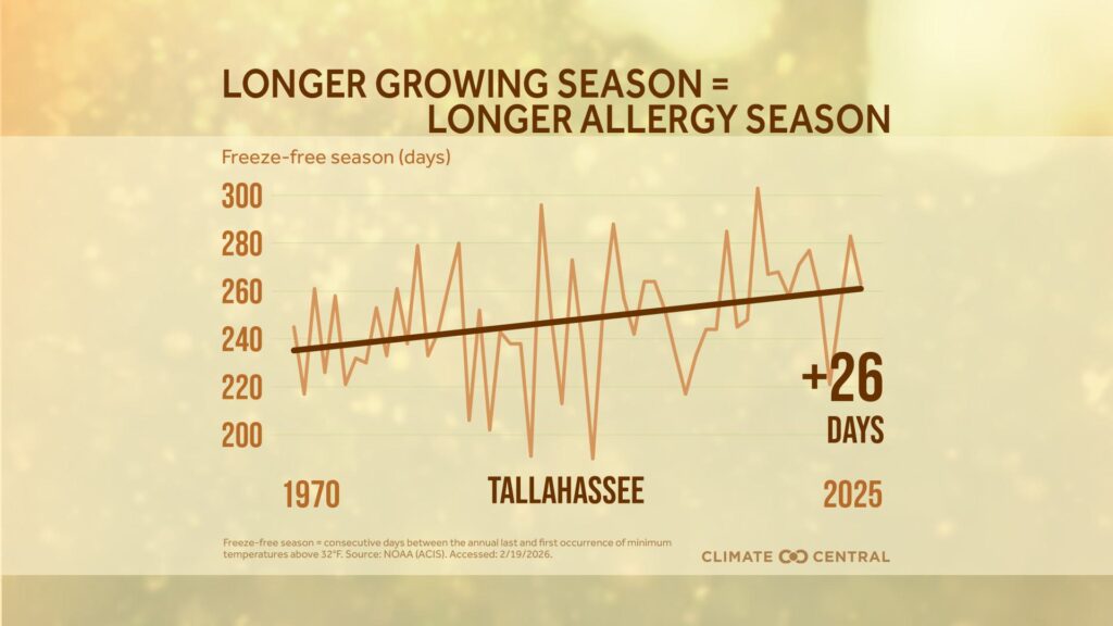 Climate Central's report found that Tallahassee experiences 26 more freeze-free days than it did in 1970. (Climate Central graphic)