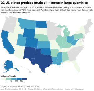 32 US states produce crude oil – some in large quantities (Map: The Conversation, CC-BY-ND; Source: U.S. Energy Information Administration)