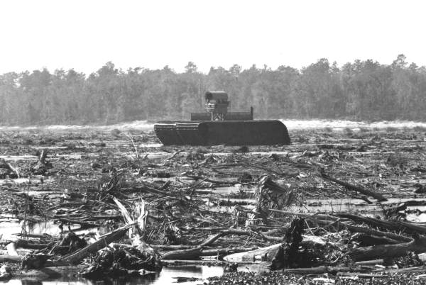 The forest-leveling machine known as the crusher-crawler clears trees in 1969 for the construction of the Cross Florida Barge Canal. (State Archives of Florida)