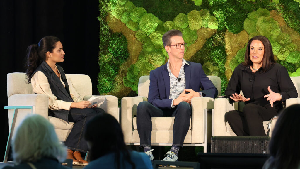 Andrea Garcia of VoLo Foundation (left) speaks with Jack Lighton of 4Ocean Foundation (center) and Tara Wilson of Rock the Ocean (right) during a panel discussion March 11 at the Climate Correction Conference in Orlando. (Kimberly Vardeman photo)