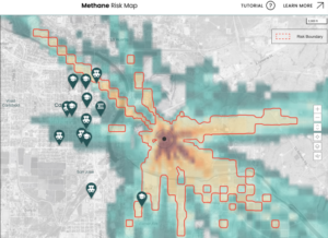 This example in New Mexico shows the potential impact of oil and gas extraction near residential areas in the Permian Basin. (Image credit: Methane Risk Map/PSE’s Methane and Health Initiative)