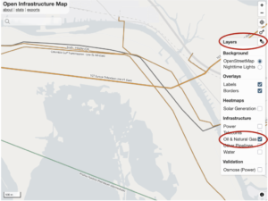 Open Infrastructure Map showing oil and gas pipelines near Morgan City, Louisiana. (Image credit: Data © OpenStreetMap contributors, ODbL. International regions © MarineRegions.org, CC-BY. Analysis © Open Infrastructure Map, CC-BY)
