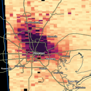TEMPO satellite data showing nitrogen dioxide coming from vehicle traffic in Houston, Texas. (Image credit: NASA)