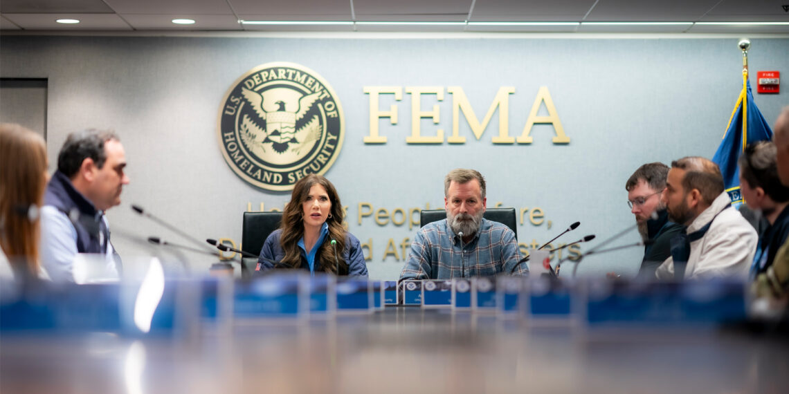 Former Secretary of Homeland Security Kristi Noem participates in a briefing at the Federal Emergency Management Agency headquarters in Washington, D.C., on Jan. 25. (DHS photo by Tia Dufour, Public domain, via Wikimedia Commons)