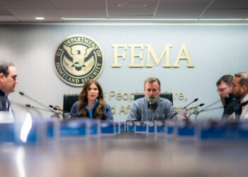 Former Secretary of Homeland Security Kristi Noem participates in a briefing at the Federal Emergency Management Agency headquarters in Washington, D.C., on Jan. 25. (DHS photo by Tia Dufour, Public domain, via Wikimedia Commons)