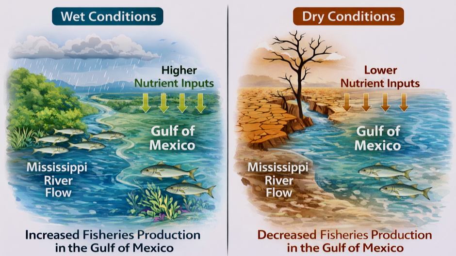 How wet conditions and dry conditions affect Gulf fisheries (Infographic generated through ChatGPT by Igal Berenshtein, University of Haifa)