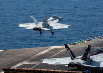 A U.S. jet launches from an aircraft carrier in support of Operation Epic Fury on Feb. 28. (U.S. Navy photo, Public domain, via Wikimedia Commons)
