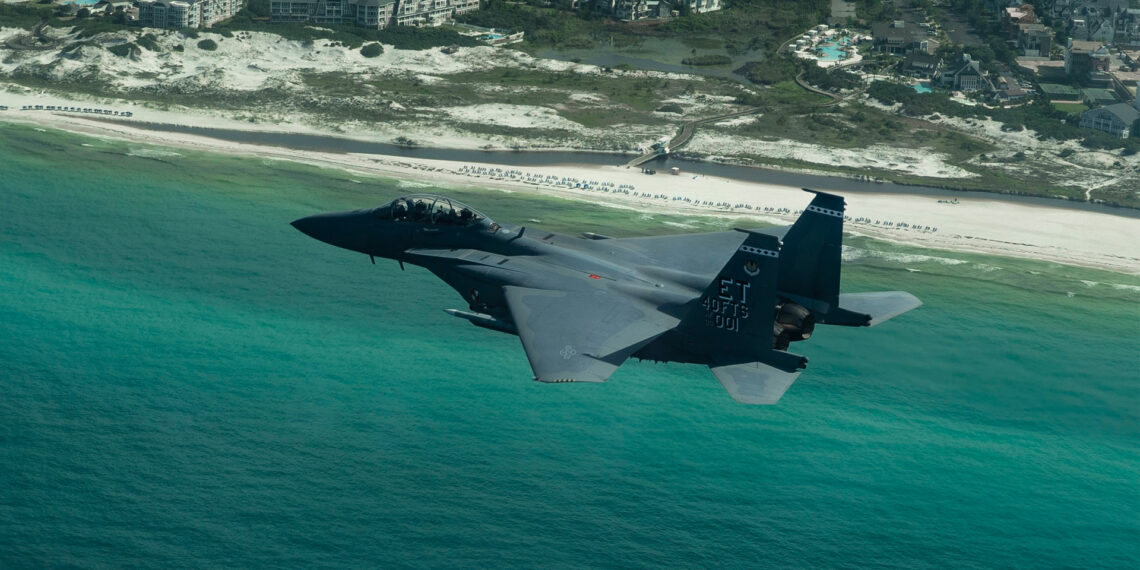 A test of the F-15EX Eagle II is conducted over the Gulf in 2022. (U.S. Air Force photo by Tech. Sgt. John McRell via Defense Visual Information Distribution Service)