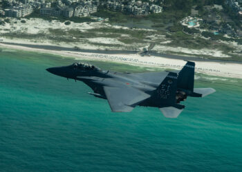 A test of the F-15EX Eagle II is conducted over the Gulf in 2022. (U.S. Air Force photo by Tech. Sgt. John McRell via Defense Visual Information Distribution Service)