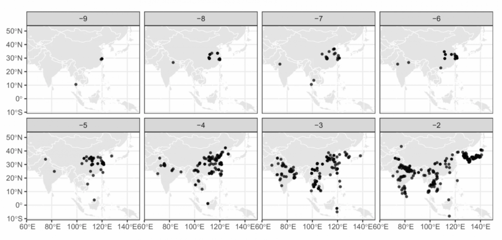 Archaeological sites where rice has been discovered through time, as shown in 1,000-year time slots beginning with 9,000 years before present. (Image from "Projected warming will exceed the long-term thermal limits of rice cultivation" [2026] by Gauthier et al, CC BY)