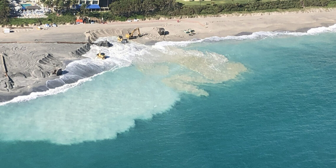 A beach nourishment project in northern Palm Beach County during the 2020 and 2021 annual blacktip shark migration seasons. Some sediment plumes stretched nearly 15 kilometers alongshore and more than 250 meters offshore, dramatically reducing water clarity. (FAU)