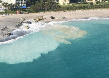 A beach nourishment project in northern Palm Beach County during the 2020 and 2021 annual blacktip shark migration seasons. Some sediment plumes stretched nearly 15 kilometers alongshore and more than 250 meters offshore, dramatically reducing water clarity. (FAU)