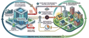 Combined thermal and electrical microgrids form an integrated energy community with data center waste heat reuse. (Gregor Henze and Sean Shaheen, CC BY-NC-ND)
