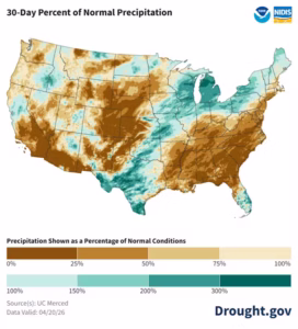A map showing how far above or below average precipitation has been in each region from mid-March to mid-April 2026 shows just how dry much of the U.S. Southeast has been. (Drought.gov)