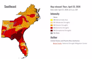 A map of the U.S. Southeast as of April 21, 2026, shows exceptional drought across the Georgia-Florida border area and extreme drought in many other areas. (Brian Fuchs, National Drought Mitigation Center/U.S. Drought Monitor)