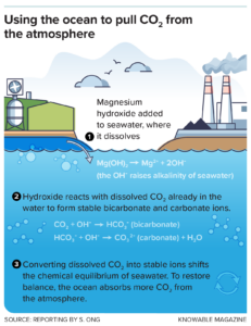 At Planetary Technologies’ facility in Halifax, Canada, magnesium hydroxide is added to seawater, increasing its alkalinity. This ultimately draws carbon dioxide from the air and stores it in the ocean as carbonate and bicarbonate ions. (Source: Reporting by S. Ong, Knowable Magazine)