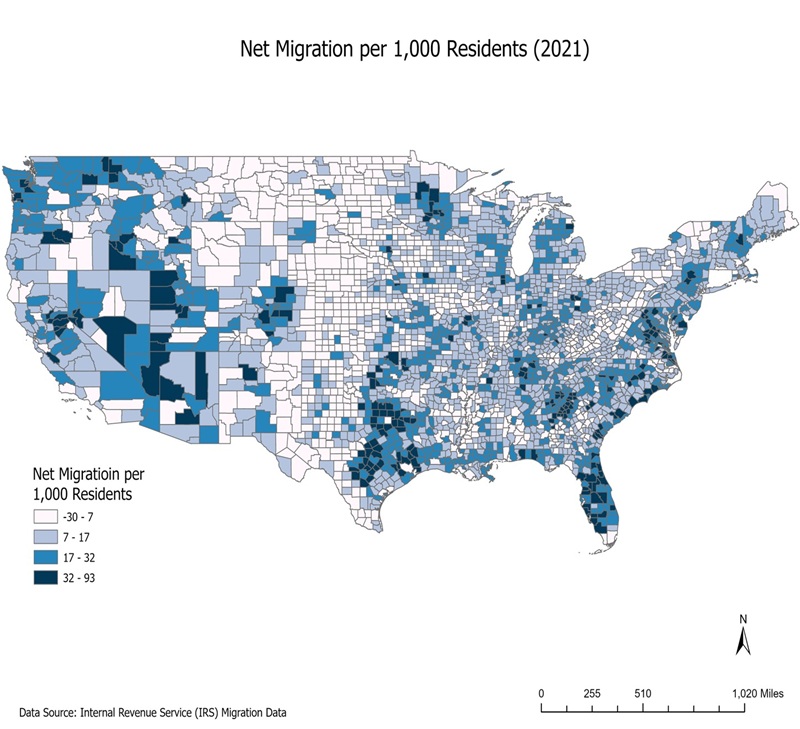 Net migration per 1,000 residents in 2021 (source: Internal Revenue Service)