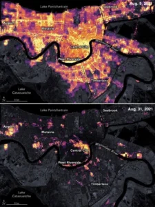 Nighttime satellite imagery of New Orleans from the Suomi NPP satellite before and after Hurricane Ida hit the city on August 29, 2021, causing the largest power outage in Louisiana history. The “after” image on Aug. 31 (lower) is capturing a lot of diesel-power/backup generation, which utilities do not monitor. According to a 2025 paper, Hurricane Ida’s blackout-heatwave compound risk in a changing climate, a post-hurricane heat wave like the one that hit after Ida, blamed for 11 heat-related deaths, could become 12 times more likely by 2070 under a moderate global warming scenario. (Image credit: NASA Earth Observatory)