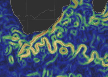 Agulhas ocean currents on Feb 11, 2018. (From OSCAR v2.0, distributed by NASA JPL, generated by Earth and Space Research, and visualized by earth.nullschool.net)